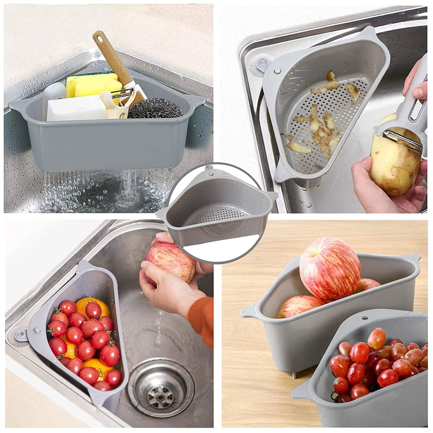 Triangular Sink Basket Strainer & Drain Shelf Organizer (Grey)