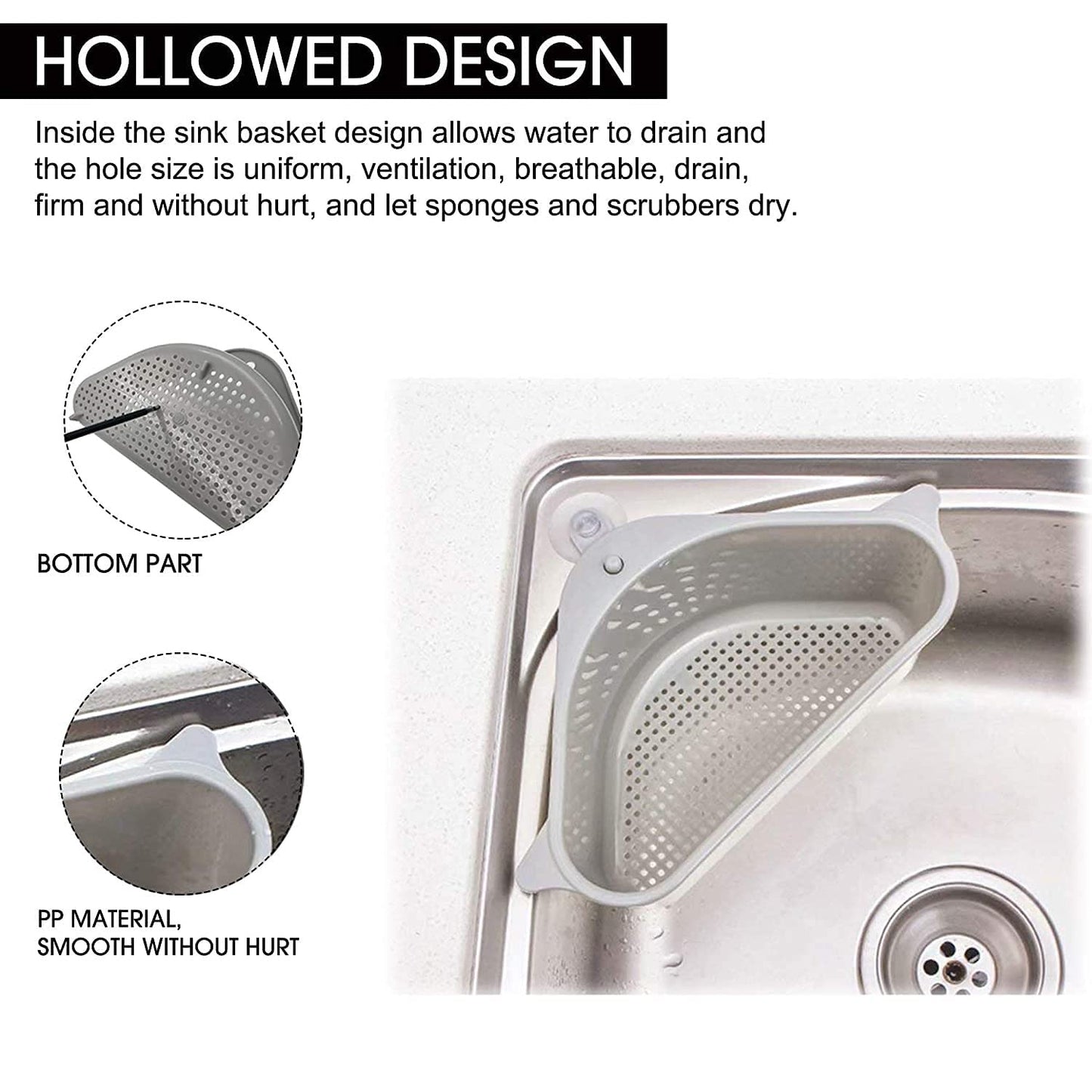 Triangular Sink Basket Strainer & Drain Shelf Organizer (Grey)